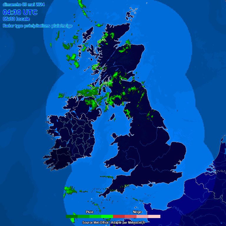 Latest Snow/Rainfall Type Radar Image for the UK.