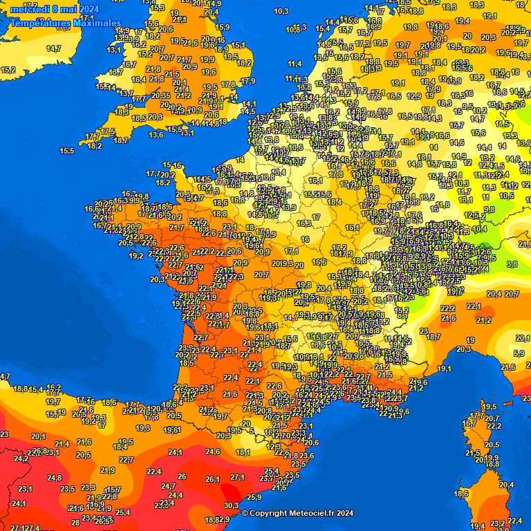 temperatures maximales hier en France et dans les pays limitrophes sur météopassion