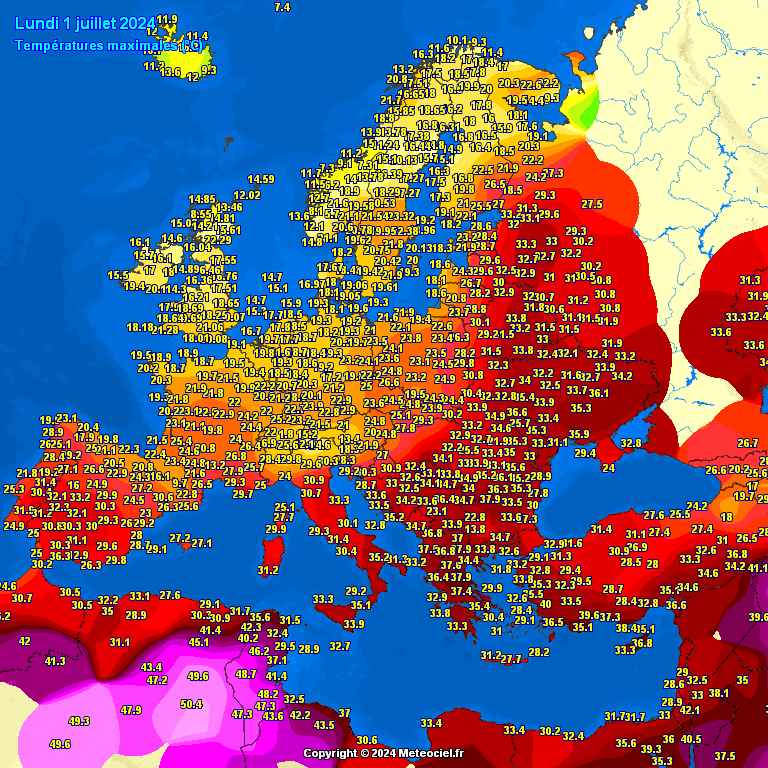 températures maximales de la veille en Europe