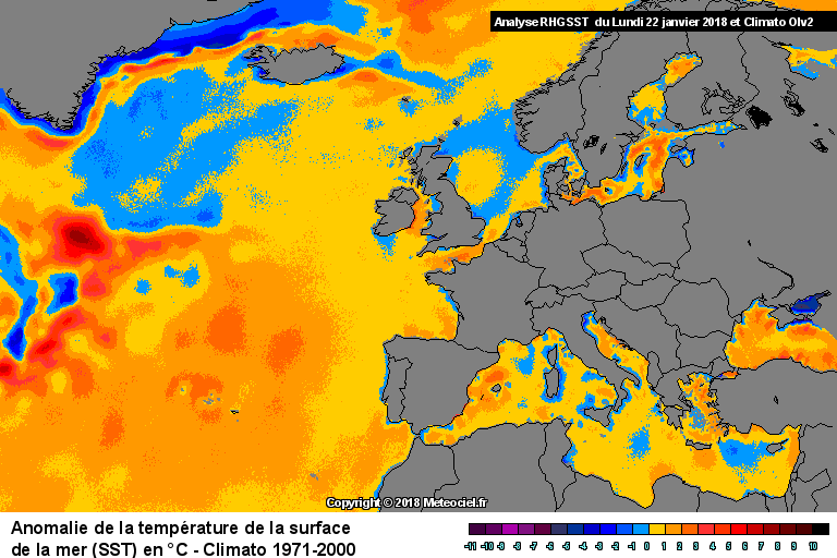 Anomalie de la temprature de la mer (SST) en Europe