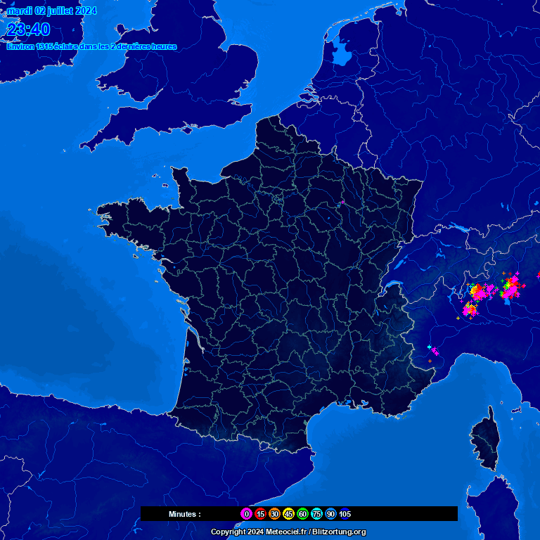 Carte des impacts de foudre en France depuis les 2 dernières heures