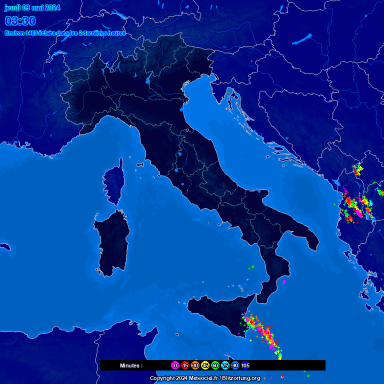 mappa in tempo reale dei fulmini osservati in italia